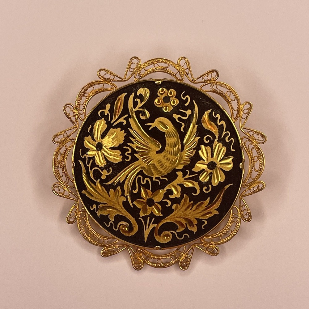 Vintage Spanish Damascene Gold Tone Brooch - 2" Dove & Floral Design